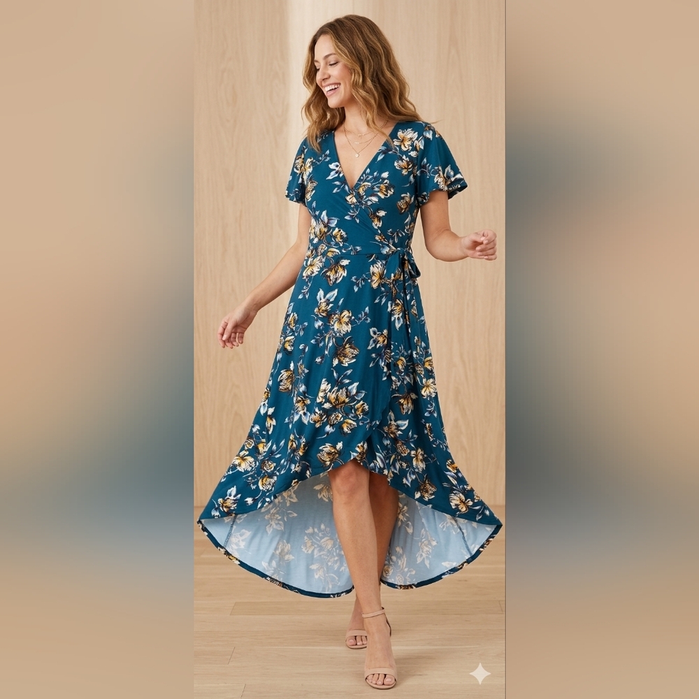 Fortune + Ivy Emerald Green Floral Maxi Dress Surplice Side Tie